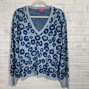 Lilly Pulitzer Jasmina Sweater V-neck Womens Size L Blue Dont Be A Cheetah